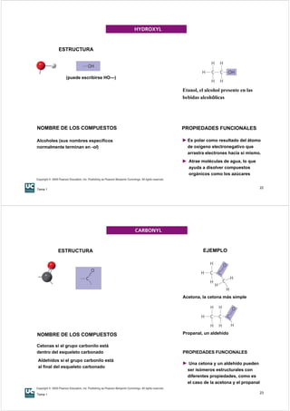 ESTRUCTURA




             (puede escribirse HO—)

                                       Etanol, el alcohol presente en las
                                       bebidas alcohólicas




NOMBRE DE LOS COMPUESTOS               PROPIEDADES FUNCIONALES

Alcoholes (sus nombres específicos       Es polar como resultado del átomo
normalmente terminan en -ol)             de oxígeno electronegativo que
                                         arrastra electrones hacia sí mismo.
                                          Atrae moléculas de agua, lo que
                                          ayuda a disolver compuestos
                                          orgánicos como los azúcares


Tema 1
                                                                               22




          ESTRUCTURA                            EJEMPLO




                                       Acetona, la cetona más simple




NOMBRE DE LOS COMPUESTOS               Propanal, un aldehído

Cetonas si el grupo carbonilo está
dentro del esqueleto carbonado         PROPIEDADES FUNCIONALES
Aldehídos si el grupo carbonilo está
                                         Una cetona y un aldehído pueden
al final del esqueleto carbonado
                                         ser isómeros estructurales con
                                         diferentes propiedades, como es
                                         el caso de la acetona y el propanal

Tema 1
                                                                               23
 