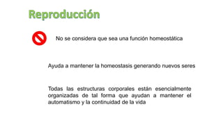 Todas las estructuras corporales están esencialmente
organizadas de tal forma que ayudan a mantener el
automatismo y la continuidad de la vida
Ayuda a mantener la homeostasis generando nuevos seres
No se considera que sea una función homeostática
 