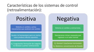 Características de los sistemas de control
(retroalimentación):
Positiva
Detecta un cambio y activa
mecanismos que aceleran ese cambio.
Ayuda a la homeostasis pero en ciertos
casos produce efectos opuestos.
Ej. Coagulación/ formación de coágulos
no deseaos y parto/ contracciones
Negativa
Detecta un cambio y contrarresta.
Desviaciones inician respuesta que
regresan a un valor normal
Ej. General: Casa/sensor-termostato
Ej. Medicina: concentración de Dioxido
 