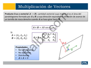 Multiplicación de Vectores
Producto Cruz o vectorial (𝑨 × 𝑩): cantidad vectorial cuya magnitud es el área del
paralelogramo formado por 𝑨 y 𝑩 y cuya dirección equivale a la dirección de avance de
un tornillo de rosca derecha cuando 𝑨 se hace girar hacia 𝑩.
𝑨 × 𝑩 = 𝐴𝐵 sen 𝜃 𝐴𝐵 𝒂 𝑛
Si:
𝑨 = (𝐴 𝑥, 𝐴 𝑦, 𝐴 𝑧)
𝑩 = (𝐵𝑥, 𝐵𝑦, 𝐵𝑧) 𝑨 × 𝑩 =
𝒂 𝑥 𝒂 𝑦 𝒂 𝑧
𝐴 𝑥 𝐴 𝑦 𝐴 𝑧
𝐵𝑥 𝐵𝑦 𝐵𝑧
Propiedades:
• No Conmutativo
• No asociativo
• Distributivo
• 𝑨 × 𝑨 = 0
fralbe.com
 