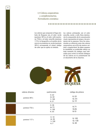 16


                            1.7 Colores corporativos
                               y complementarios.
                             Formulación cromática




                        Los colores que componen el logo-sím-    Los colores principales son el color
                        bolo de Duquesa son, el color verde      amarillo, verde y café. Estos domina-
                        (pantone 581c), el color café (panto-    rán la composición de la comunicación
                        ne 732c) y el color amarillo (pantone    visual, representan el campo y los pro-
                        117c). La tipografía o el nombre de la   ductos de la empresa. Para los comu-
                        marca se presentan en verde (pantone     nicados se utilizarán estos dos colores
                        581c) corresponde al mismo código        corporativos con el fin de mostrar uni-
                        de color que se aplica al símbolo.       dad y singularidad. Se debe respetar
                                                                 la tonalidad, es preferible utilizar en
                                                                 todo momento los códigos aquí indi-
                                                                 cados para evitar la mezcla ambigua
                                                                 de los colores en la presentación de
                                                                 un documento de la empresa.




                                                                  DUQUESA

     colores directos                    cuatricromía                     código de pintura
                                              C: 62
                                              M: 50                           R: 52
      pantone 581c
                                              Y: 100                          G: 54
                                              K: 51                           B: 19

                                              C: 38
                                              M: 73                           R: 71
      pantone 732 c
                                              Y: 100                          G:36
                                              K: 55                           B:10

                                              C: 18
                                              M: 38                           R: 183
      pantone 117 c
                                              Y: 100                          G: 130
                                              K: 7                            B: 20
 