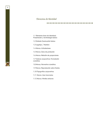 8




        Elementos de Identidad




    1.1 Elementos base de identidad.
    Presentación y terminología básica

    1.2 Símbolo Construcción básica

    1.3 Logotipo / Nombre

    1.4 Marca. Articulaciones

    1.5 Marca. Zona de protección

    1.6 Marca. Relación de proporciones

    1.7 Colores corporativos. Formulación
    cromática

    1.8 Marca. Normativa cromática

    1.9 Marca. Reproducción sobre fondos

    1.10 Tipografías corporativas

    1.11 Marca. Usos incorrectos

    1.12 Marca. Niveles emisores
 