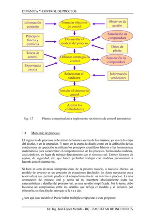DINÁMICA Y CONTROL DE PROCEOS
Dr. Ing. Iván López Moreda - IIQ – FACULTAD DE INGENIERÍA
Fig. 1.7 Planteo conceptual para implementar un sistema de control automático.
1.4 Modelado de procesos
El ingeniero de procesos debe tomar decisiones acerca de los mismos, ya sea en la etapa
del diseño, o en la operación. Y tanto en la etapa de diseño como en la definición de las
condiciones de operación se utilizan los principios científicos básicos y las herramientas
matemáticas para caracterizar el comportamiento de los procesos, formulando modelos,
analizándolos, en lugar de trabajar directamente con el sistema real. Existen factores de
costos, de seguridad, etc. que hacen preferible trabajar con modelos previamente a
hacerlo con el sistema real.
Si bien existen diversas interpretaciones de la palabra modelo, a nuestros efectos un
modelo de proceso es un conjunto de ecuaciones (incluidos los datos necesarios para
resolverlas) que permite predecir el comportamiento de un sistema o proceso. Es una
abstracción del proceso real y como tal no incorpora absolutamente todas las
características o detalles del proceso real, es una versión simplificada. Por lo tanto, debe
buscarse un compromiso entre los detalles que refleja el modelo y el esfuerzo por
obtenerlo, en función del uso que se le va a dar.
¿Para qué usar modelos? Puede haber múltiples respuestas a esta pregunta:
Formular objetivos
de control
Delinear estrategia de
control
Seleccionar el
hardware
Desarrollar el
modelo del proceso
Instalar el sistema de
control
Ajustar los
controladores
Información
existente
Principios
físicos y
químicos
Teoría de
control
Experiencia
previa
Información
vendedores
Datos de
planta
Objetivos de
gestión
Simulación en
computadora
Simulación en
computadora
 