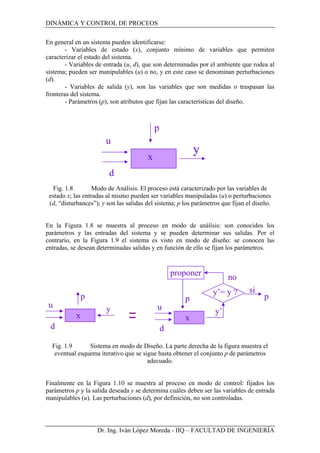 DINÁMICA Y CONTROL DE PROCEOS
Dr. Ing. Iván López Moreda - IIQ – FACULTAD DE INGENIERÍA
En general en un sistema pueden identificarse:
- Variables de estado (x), conjunto mínimo de variables que permiten
caracterizar el estado del sistema.
- Variables de entrada (u, d), que son determinadas por el ambiente que rodea al
sistema; pueden ser manipulables (u) o no, y en este caso se denominan perturbaciones
(d).
- Variables de salida (y), son las variables que son medidas o traspasan las
fronteras del sistema.
- Parámetros (p), son atributos que fijan las características del diseño.
Fig. 1.8 Modo de Análisis. El proceso está caracterizado por las variables de
estado x; las entradas al mismo pueden ser variables manipuladas (u) o perturbaciones
(d, “disturbances”); y son las salidas del sistema; p los parámetros que fijan el diseño.
En la Figura 1.8 se muestra al proceso en modo de análisis: son conocidos los
parámetros y las entradas del sistema y se pueden determinar sus salidas. Por el
contrario, en la Figura 1.9 el sistema es visto en modo de diseño: se conocen las
entradas, se desean determinadas salidas y en función de ello se fijan los parámetros.
Fig. 1.9 Sistema en modo de Diseño. La parte derecha de la figura muestra el
eventual esquema iterativo que se sigue hasta obtener el conjunto p de parámetros
adecuado.
Finalmente en la Figura 1.10 se muestra al proceso en modo de control: fijados los
parámetros p y la salida deseada y se determina cuáles deben ser las variables de entrada
manipulables (u). Las perturbaciones (d), por definición, no son controladas.
x
p
u
d
y
x
p
u
d
y
p
x
p
u
d
y’
y’= y ? si
proponer no
 