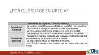 DOCENTE: RAFAEL FÉLIX MORA RAMIREZ
¿POR QUÉ SURGE EN GRECIA?
 
