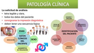 La solicitud de análisis
• letra legible y clara,
• todos los datos del paciente
• consignarse la impresión diagnóstica
• deben tener una secuencia lógica
IDENTIFICACION
DEL PACIENTE
NOMBRE Y
APELLIDO
DOCUMENTO
DE IDENTIDAD
HISTORIA
CLINICA
SERVICIO
SOLICITANTE
NOMBRE DEL
MÉDICO
FECHA DE
SOLICITUD
DATOS
CLÍNICOS
DEL
PACIENTE
EDAD
SEXO
DIAGNÓSTICO
DE PRESUNCIÓN
MEDICACIÓN
 