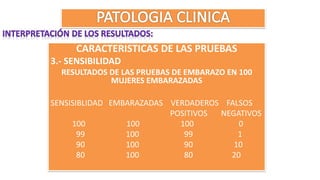 CARACTERISTICAS DE LAS PRUEBAS
3.- SENSIBILIDAD
RESULTADOS DE LAS PRUEBAS DE EMBARAZO EN 100
MUJERES EMBARAZADAS
SENSISIBLIDAD EMBARAZADAS VERDADEROS FALSOS
POSITIVOS NEGATIVOS
100 100 100 0
99 100 99 1
90 100 90 10
80 100 80 20
 