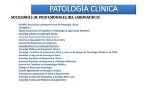ALAPAC Asociación Latinoamericana de Patología Clínica
COLABIOCLI
World Association of Societies of Pathology & Laboratory Medicine
Sociedad cubana de patología clínica
Sociedad Brasileña de Patología Clinica
American Association for Clinical Chemistry
Asociación Bioquímica de Argentina
Canadian Society of Clinical Chemistry
Sociedad Chilena de Bioquímica Clínica
Sociedad Científica de Laboratorio Clínico y Banco de Sangre de Tecnólogos Médicos de Chile.
Sociedad Uruguaya de Patología Clínica
Sociedad Española de Bioquímica Clínica
Sociedad Española de Bioquímica y Biología Molecular
Asociación Española de Biopatología Médica
College of American Pathologist
Société Québécoise de Biologie Clinique
Australasian Association of Clinical Biochemists
Sociedad Italiana de Bioquimica y Biologia Molecular
Sociedad Italiana de Medicina de Laboratorio
SOCIEDADES DE PROFESIONALES DEL LABORATORIO:
 