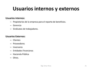 Usuarios internos y externos
Usuarios internos:
– Propietarios de la empresa para el reparto de beneficios.
– Gerencia
– Sindicatos de trabajadores.
Usuarios Externos:
– Clientes
– Proveedores
– Inversores
– Entidades Financieras
– Hacienda Pública
– Otros.
Mgr. Omar Pérez 25
 