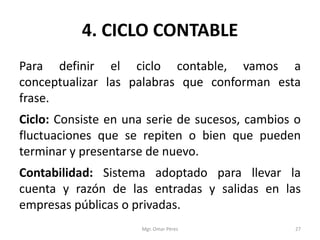 4. CICLO CONTABLE
Para definir el ciclo contable, vamos a
conceptualizar las palabras que conforman esta
frase.
Ciclo: Consiste en una serie de sucesos, cambios o
fluctuaciones que se repiten o bien que pueden
terminar y presentarse de nuevo.
Contabilidad: Sistema adoptado para llevar la
cuenta y razón de las entradas y salidas en las
empresas públicas o privadas.
Mgr. Omar Pérez 27
 