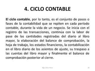 4. CICLO CONTABLE
El ciclo contable, por lo tanto, es el conjunto de pasos o
fases de la contabilidad que se repiten en cada período
contable, durante la vida de un negocio. Se inicia con el
registro de las transacciones, continúa con la labor de
pase de las cantidades registradas del diario al libro
mayor, la elaboración del balance de comprobación, la
hoja de trabajo, los estados financieros, la contabilización
en el libro diario de los asientos de ajuste, su traspaso a
las cuentas del libro mayor y finalmente el balance de
comprobación posterior al cierre.
Mgr. Omar Pérez 28
 