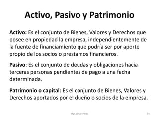 Activo, Pasivo y Patrimonio
Activo: Es el conjunto de Bienes, Valores y Derechos que
posee en propiedad la empresa, independientemente de
la fuente de financiamiento que podría ser por aporte
propio de los socios o prestamos financieros.
Pasivo: Es el conjunto de deudas y obligaciones hacia
terceras personas pendientes de pago a una fecha
determinada.
Patrimonio o capital: Es el conjunto de Bienes, Valores y
Derechos aportados por el dueño o socios de la empresa.
Mgr. Omar Pérez 34
 