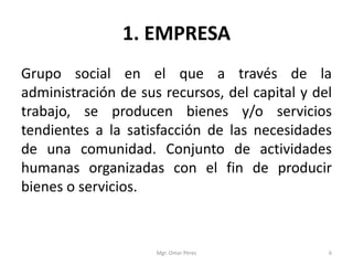 1. EMPRESA
Grupo social en el que a través de la
administración de sus recursos, del capital y del
trabajo, se producen bienes y/o servicios
tendientes a la satisfacción de las necesidades
de una comunidad. Conjunto de actividades
humanas organizadas con el fin de producir
bienes o servicios.
Mgr. Omar Pérez 6
 