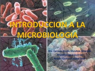 INTRODUCCION A LA
MICROBIOLOGIA
Dra. Carmen Noelia Mendoza Alvarado
Microbiologa Industrial
Master Gestion Calidad Total
 