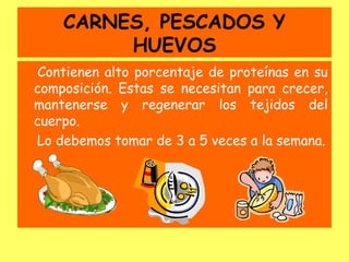 CARNES, PESCADOS Y
         HUEVOS
 Contienen alto porcentaje de proteínas en su
composición. Estas se necesitan para crecer,
mantenerse y regenerar los tejidos del
cuerpo.
Lo debemos tomar de 3 a 5 veces a la semana.
 