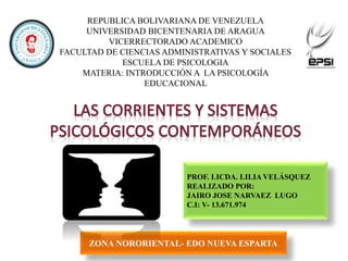 REPUBLICA BOLIVARIANA DE VENEZUELA
UNIVERSIDAD BICENTENARIA DE ARAGUA
VICERRECTORADO ACADEMICO
FACULTAD DE CIENCIAS ADMINISTRATIVAS Y SOCIALES
ESCUELA DE PSICOLOGIA
MATERIA: INTRODUCCIÓN A LA PSICOLOGÍA
EDUCACIONAL
PROF. LICDA. LILIA VELÁSQUEZ
REALIZADO POR:
JAIRO JOSE NARVAEZ LUGO
C.I: V- 13.671.974
ZONA NORORIENTAL- EDO NUEVA ESPARTA
 