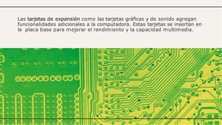 Las tarjetas de expansión como las tarjetas gráﬁcas y de sonido agregan
funcionalidades adicionales a la computadora. Estas tarjetas se insertan en
la placa base para mejorar el rendimiento y la capacidad multimedia.
 