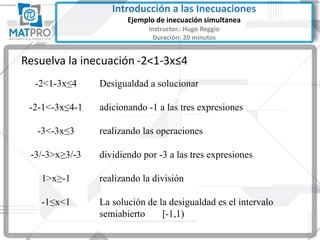 Resuelva la inecuación -2<1-3x≤4
-2<1-3x≤4 Desigualdad a solucionar
-2-1<-3x≤4-1 adicionando -1 a las tres expresiones
-3<-3x≤3 realizando las operaciones
-3/-3>x≥3/-3 dividiendo por -3 a las tres expresiones
1>x≥-1 realizando la división
-1≤x<1 La solución de la desigualdad es el intervalo
semiabierto [-1,1)
Introducción a las Inecuaciones
Ejemplo de inecuación simultanea
Instructor.: Hugo Reggio
Duración: 20 minutos
 