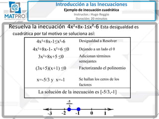 Resuelva la inecuación 4x²+8x-1≤x²-6 Esta desigualdad es
cuadrática por tal motivo se soluciona así:
4x²+8x-1≤x²-6 Desigualdad a Resolver
4x²+8x-1- x²+6 ≤0 Dejando a un lado el 0
3x²+8x+5 ≤0 Adicionan términos
semejantes
(3x+5)(x+1) ≤0 Factorizando el polinomio
x=-5/3 y x=-1 Se hallan los ceros de los
factores
La solución de la inecuación es [-5/3,-1]
Introducción a las Inecuaciones
Ejemplo de inecuación cuadrática
Instructor.: Hugo Reggio
Duración: 20 minutos
 