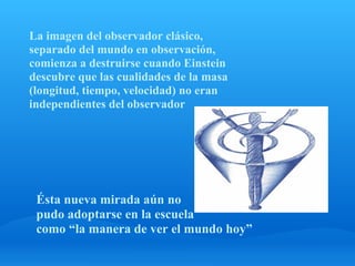 La imagen del observador clásico,
separado del mundo en observación,
comienza a destruirse cuando Einstein
descubre que las cualidades de la masa
(longitud, tiempo, velocidad) no eran
independientes del observador




 Ésta nueva mirada aún no
 pudo adoptarse en la escuela
 como “la manera de ver el mundo hoy”
 