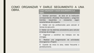 COMO ORGANIZAR Y DARLE SEGUIMIENTO A UNA
OBRA. COMO ORGANIZAR Y HACER SEGUIMIENTO A LA
OBRA.
1 Solicitar permisos de obra en la Institución
correspondiente (Alcaldías Municipales) y preguntar
tramites requeridos o necesarios según
características del proyecto.
2 Hablar con los profesionales para calcular el
tiempo de ejecución.
3 Hablar con los distintos proveedores para calcular
el tiempo de entrega.
4 Organizar y coordinar los trabajos con las
entregas.
5 Realizar una programación de actividades
(Cronograma o Project)
6 Cuando da inicio la obra, visitar frecuente o
periódicamente.
 