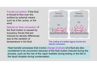 14
Forced convection: If the fluid
is forced to flow over the
surface by external means
such as a fan, pump, or the
wind.
Natural (or free) convection: If
the fluid motion is caused by
buoyancy forces that are
induced by density differences
due to the variation of
temperature in the fluid. The cooling of a boiled egg by forced and
natural convection.
Heat transfer processes that involve change of phase of a fluid are also
considered to be convection because of the fluid motion induced during the
process, such as the rise of the vapor bubbles during boiling or the fall of
the liquid droplets during condensation.
 