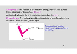 18
Absorptivity : The fraction of the radiation energy incident on a surface
that is absorbed by the surface. 0   1
A blackbody absorbs the entire radiation incident on it ( = 1).
Kirchhoff’s law: The emissivity and the absorptivity of a surface at a given
temperature and wavelength are equal.
The absorption of radiation
incident on an opaque surface of
absorptivity .
 