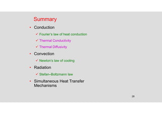 28
Summary
• Conduction
 Fourier’s law of heat conduction
 Thermal Conductivity
 Thermal Diffusivity
• Convection
 Newton’s law of cooling
• Radiation
 Stefan–Boltzmann law
• Simultaneous Heat Transfer
Mechanisms
 