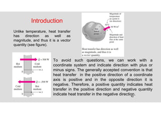 42
Introduction
Unlike temperature, heat transfer
has direction as well as
magnitude, and thus it is a vector
quantity (see figure).
To avoid such questions, we can work with a
coordinate system and indicate direction with plus or
minus signs. The generally accepted convention is that
heat transfer in the positive direction of a coordinate
axis is positive and in the opposite direction it is
negative. Therefore, a positive quantity indicates heat
transfer in the positive direction and negative quantity
indicate heat transfer in the negative direction.
 