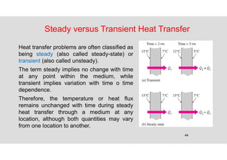 44
Steady versus Transient Heat Transfer
Heat transfer problems are often classified as
being steady (also called steady-state) or
transient (also called unsteady).
The term steady implies no change with time
at any point within the medium, while
transient implies variation with time o time
dependence.
Therefore, the temperature or heat flux
remains unchanged with time during steady
heat transfer through a medium at any
location, although both quantities may vary
from one location to another.
 