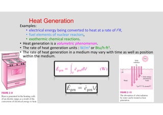 49
Heat Generation
Examples:
• electrical energy being converted to heat at a rate of I2R,
• fuel elements of nuclear reactors,
• exothermic chemical reactions.
• Heat generation is a volumetric phenomenon.
• The rate of heat generation units : W/m3 or Btu/h·ft3.
• The rate of heat generation in a medium may vary with time as well as position
within the medium.
 