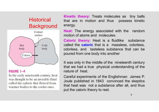 5
Historical
Background
Kinetic theory: Treats molecules as tiny balls
that are in motion and thus possess kinetic
energy.
Heat: The energy associated with the random
motion of atoms and molecules.
Caloric theory: Heat is a fluidlike substance
called the caloric that is a massless, colorless,
odorless, and tasteless substance that can be
poured from one body into another
It was only in the middle of the nineteenth century
that we had a true physical understanding of the
nature of heat.
Careful experiments of the Englishman James P.
Joule published in 1843 convinced the skeptics
that heat was not a substance after all, and thus
put the caloric theory to rest.
 
