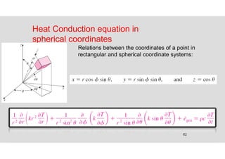 62
Heat Conduction equation in
spherical coordinates
Relations between the coordinates of a point in
rectangular and spherical coordinate systems:
 