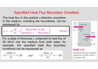 66
Specified Heat Flux Boundary Condition
For a plate of thickness L subjected to heat flux of
50 W/m2 into the medium from both sides, for
example, the specified heat flux boundary
conditions can be expressed as
The heat flux in the positive x-direction anywhere
in the medium, including the boundaries, can be
expressed by
 