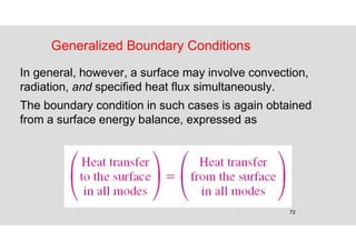 72
Generalized Boundary Conditions
In general, however, a surface may involve convection,
radiation, and specified heat flux simultaneously.
The boundary condition in such cases is again obtained
from a surface energy balance, expressed as
 