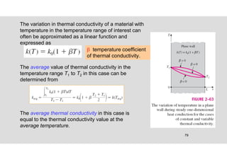 79
 temperature coefficient
of thermal conductivity.
The average value of thermal conductivity in the
temperature range T1 to T2 in this case can be
determined from
The average thermal conductivity in this case is
equal to the thermal conductivity value at the
average temperature.
The variation in thermal conductivity of a material with
temperature in the temperature range of interest can
often be approximated as a linear function and
expressed as
 