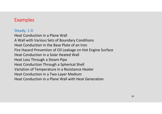 81
Examples
Steady, 1-D
Heat Conduction in a Plane Wall
A Wall with Various Sets of Boundary Conditions
Heat Conduction in the Base Plate of an Iron
Fire Hazard Prevention of Oil Leakage on Hot Engine Surface
Heat Conduction in a Solar Heated Wall
Heat Loss Through a Steam Pipe
Heat Conduction Through a Spherical Shell
Variation of Temperature in a Resistance Heater
Heat Conduction in a Two-Layer Medium
Heat Conduction in a Plane Wall with Heat Generation
 
