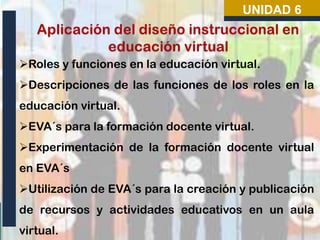 UNIDAD 6

Roles y funciones en la educación virtual.

Descripciones de las funciones de los roles en la
educación virtual.
EVA´s para la formación docente virtual.
Experimentación de la formación docente virtual
en EVA´s

Utilización de EVA´s para la creación y publicación
de recursos y actividades educativos en un aula
virtual.

 