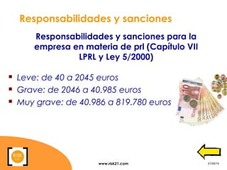 www.risk21.com 21/05/14
Responsabilidades y sanciones
 Leve: de 40 a 2045 euros
 Grave: de 2046 a 40.985 euros
 Muy grave: de 40.986 a 819.780 euros
Responsabilidades y sanciones para la
empresa en materia de prl (Capítulo VII
LPRL y Ley 5/2000)
 