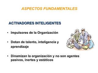 ASPECTOS FUNDAMENTALES
• Impulsores de la Organización
• Dotan de talento, inteligencia y
aprendizaje
• Dinamizan la organización y no son agentes
pasivos, inertes y estáticos
ACTIVADORES INTELIGENTES
 