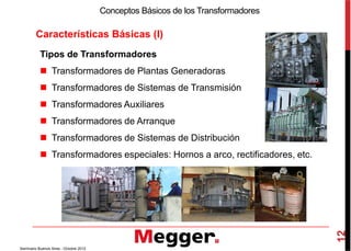 Características Básicas (I)
Conceptos Básicos de los Transformadores
Tipos de Transformadores
Transformadores de Plantas Generadoras
Transformadores de Sistemas de Transmisión
Transformadores Auxiliares
Transformadores de Arranque
12
Seminario Buenos Aires - Octubre 2012
Transformadores de Arranque
Transformadores de Sistemas de Distribución
Transformadores especiales: Hornos a arco, rectificadores, etc.
 