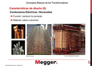 Características de diseño (II)
Conceptos Básicos de los Transformadores
Conductores Eléctricos / Devanados
➽ Función: conducir la corriente
➽ Material: cobre o aluminio
27
Seminario Buenos Aires - Octubre 2012
(Source: Alconex) (Source: Waukesha Transformer)
 