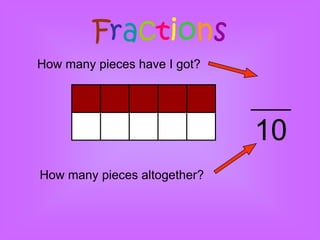 Fractions
How many pieces have I got?




                              10
How many pieces altogether?
 