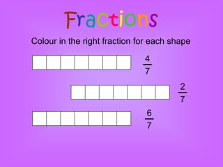 Fractions
Colour in the right fraction for each shape

                              4
                              7
                                        2
                                        7
                               6
                               7
 