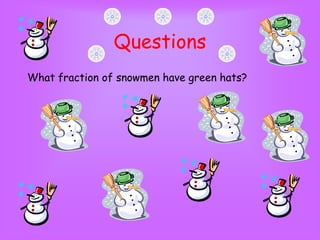 Questions
What fraction of snowmen have green hats?
 
