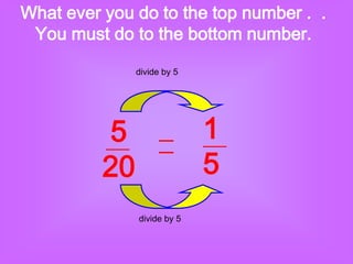 What ever you do to the top number . .
 You must do to the bottom number.
               divide by 5




          5                  1
          20                 5
               divide by 5
 