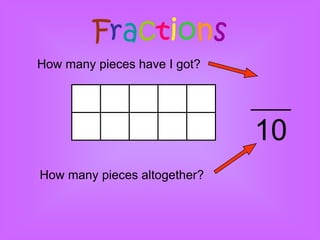 Fractions
How many pieces have I got?




                              10
How many pieces altogether?
 