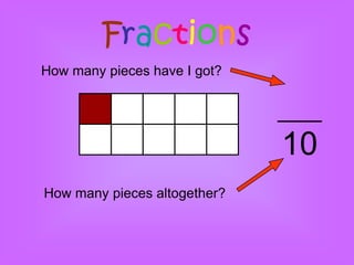 Fractions
How many pieces have I got?




                              10
How many pieces altogether?
 