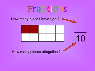 Fractions
How many pieces have I got?




                              10
How many pieces altogether?
 