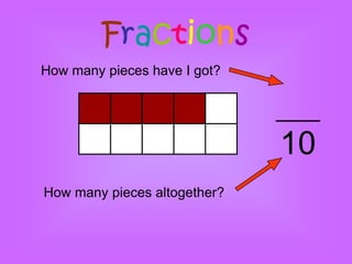 Fractions
How many pieces have I got?




                              10
How many pieces altogether?
 